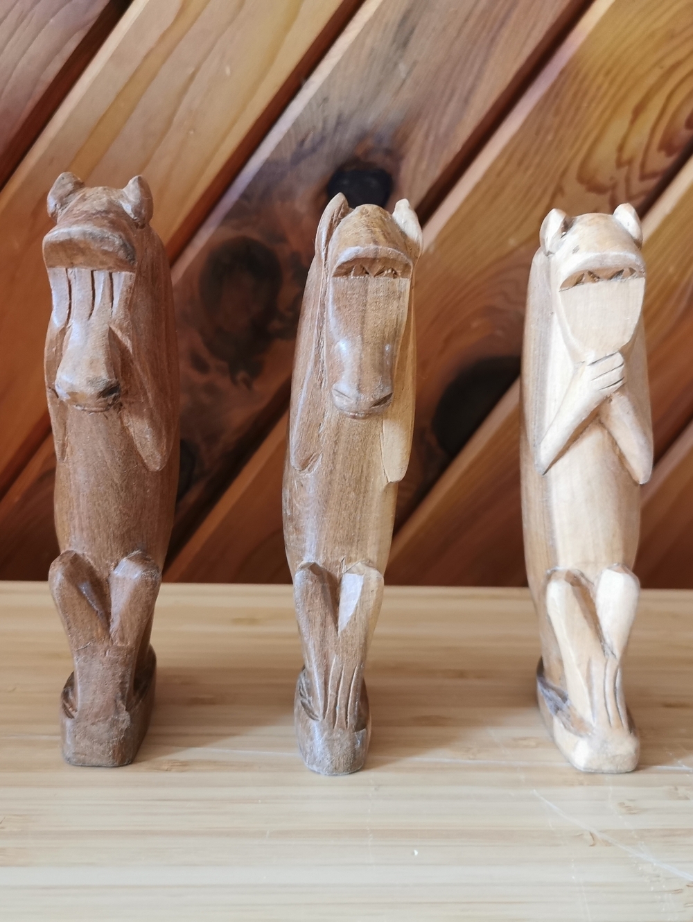 Vintage Hand-Carved Wooden Three Wise Monkeys Figurines Set Tribal Style